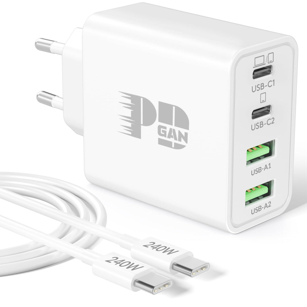 65W USB C Ladegerät, 4-Port GaN Netzteil PD/PPS USBC Schnellladegerät Fast Charger + 240W 2M Typ C S