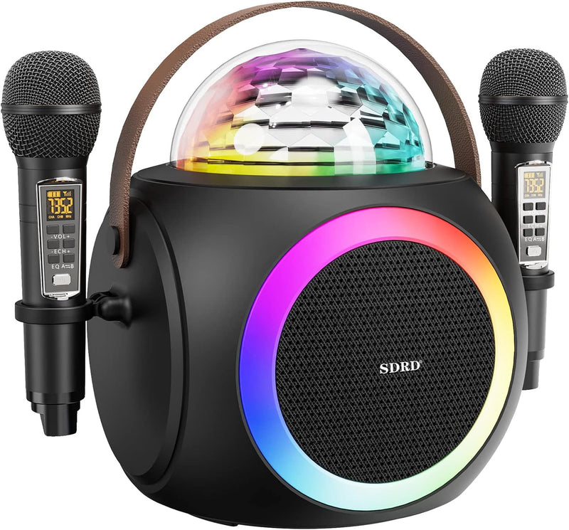 Karaoke Maschine für Erwachsene und Kinder, tragbare Bluetooth Lautsprecher mit 2 UHF Wireless Mikro