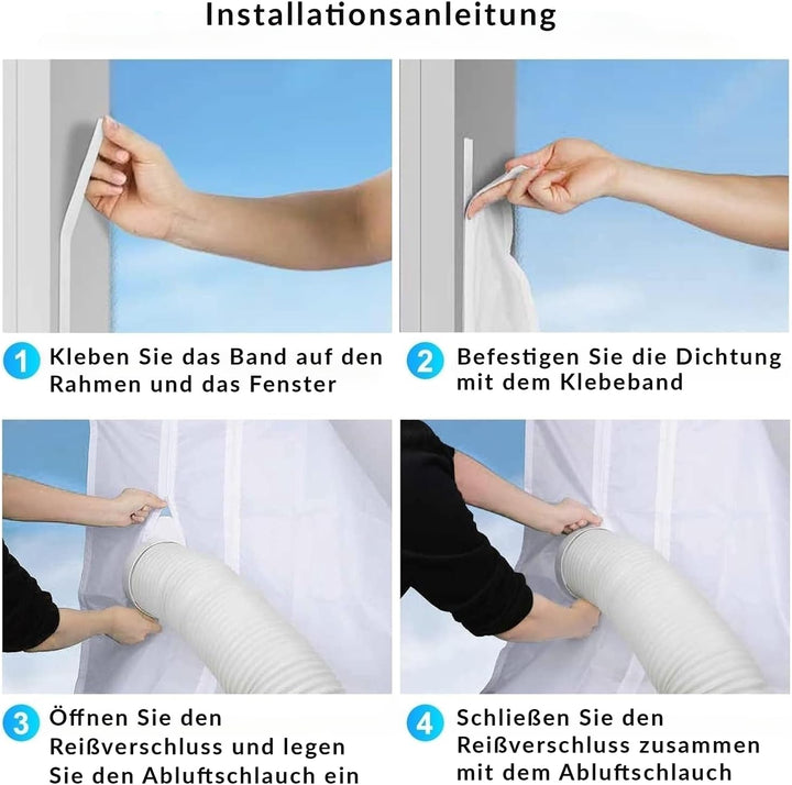Fensterabdichtung für Mobile Klimageräte mit 400cm Umlaufmass, Klettband & Reissverschluss, UV-bestä