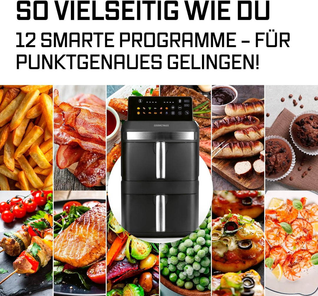GOURMETmaxx FryUp XL vertikale Doppelkammer Heissluftfritteuse - 12 L | Airfryer mit Multi-Colour LE