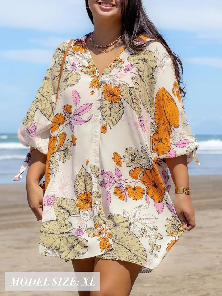 CUPSHE Damen Blusenkleid V Ausschnitt Langarm Lockeres Sommerkleid Freizeitkleider Bikini Cover Up H