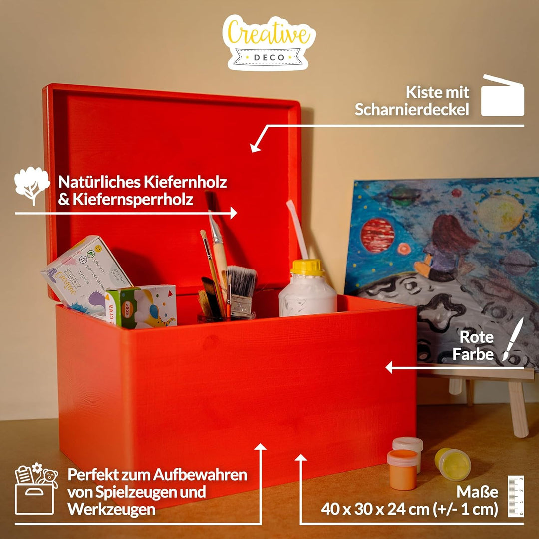 Creative Deco XXL Rot Grosse Holzkiste mit Deckel | 40x30x24 cm (+/-1cm) | Holztruhe Erinnerungsbox