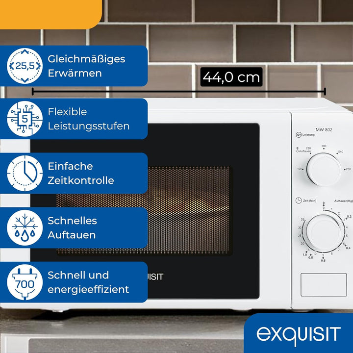 Exquisit Mikrowelle MW 802 | 700 W Leistung | 20 L Garraum | kompakte Mikrowelle mit Edelstahl Innen
