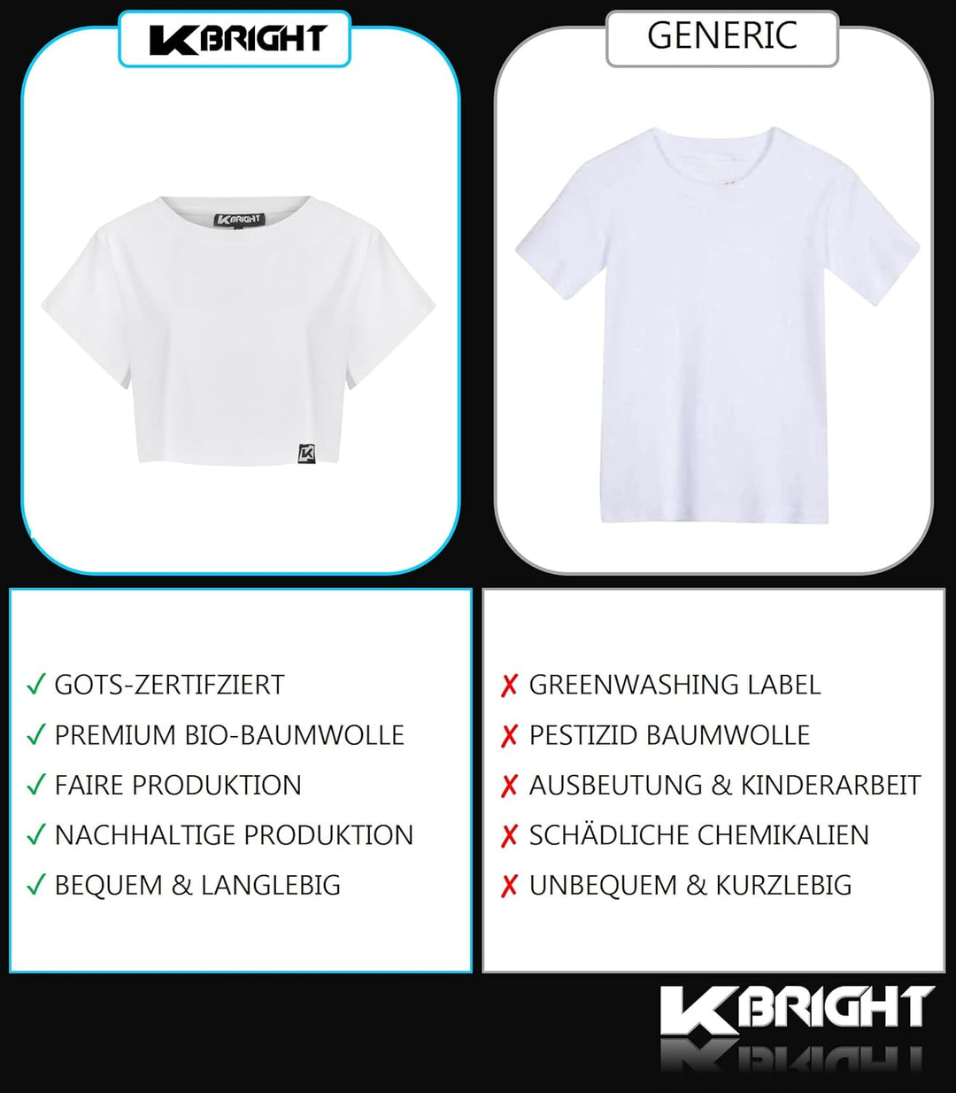 K-BRIGHT Damen Crop Top Kurzarm Basic Nachhaltig Bio Baumwolle Freizeit Sportoberteil Essential Shir