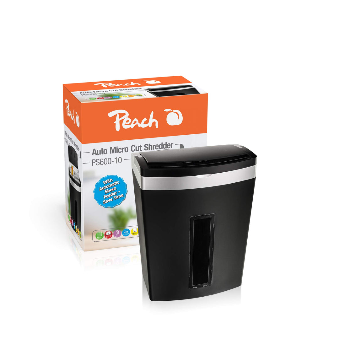 Peach PS600-10 Mikroschnitt Aktenvernichter | 90 Blatt | 20 Liter/250 DIN A4 | 3 x 10 mm Partikelgrö