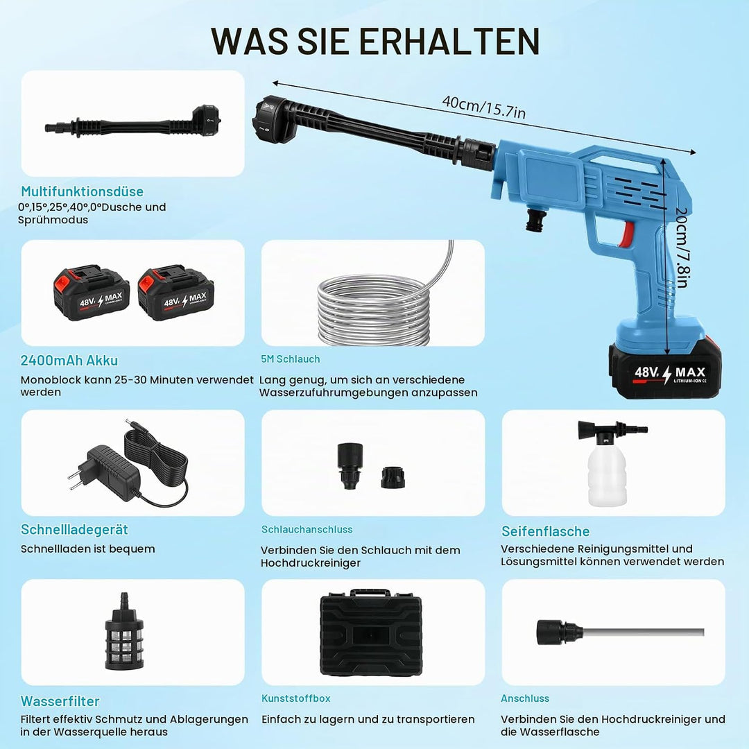 Akku Hochdruckreiniger für Makita 18V Akku, 45 Bar Mobiler Hochdruckreiniger mit 2×2.0Ah Akkus, 6-in