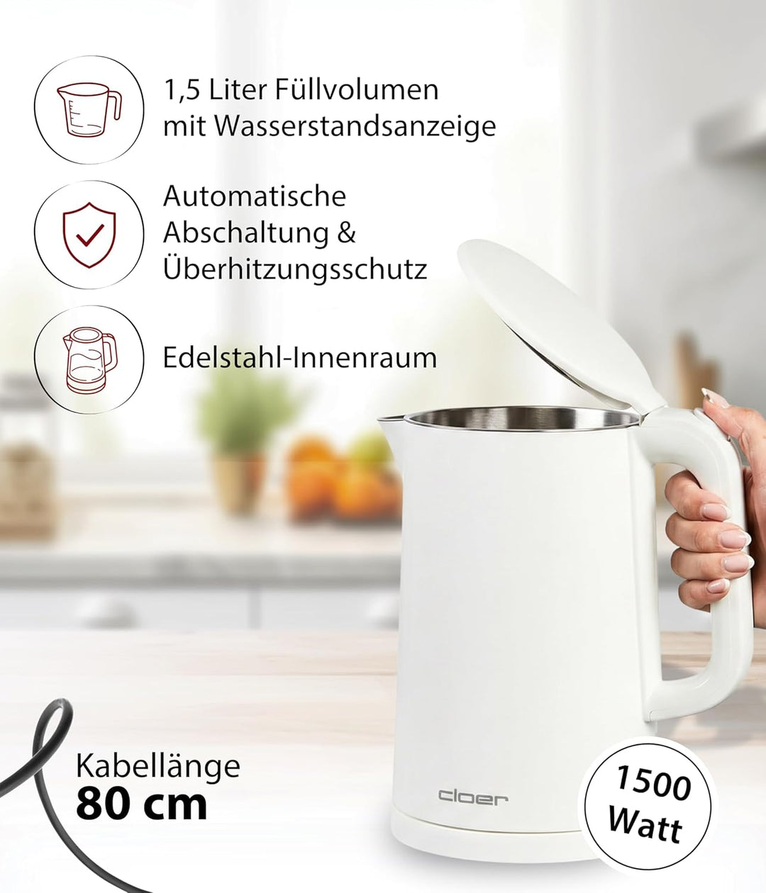 Cloer 4321 Wasserkocher 1,5l mit Kontrolllampe, Sicherheitsdeckel und automatischer Abschaltung, Was