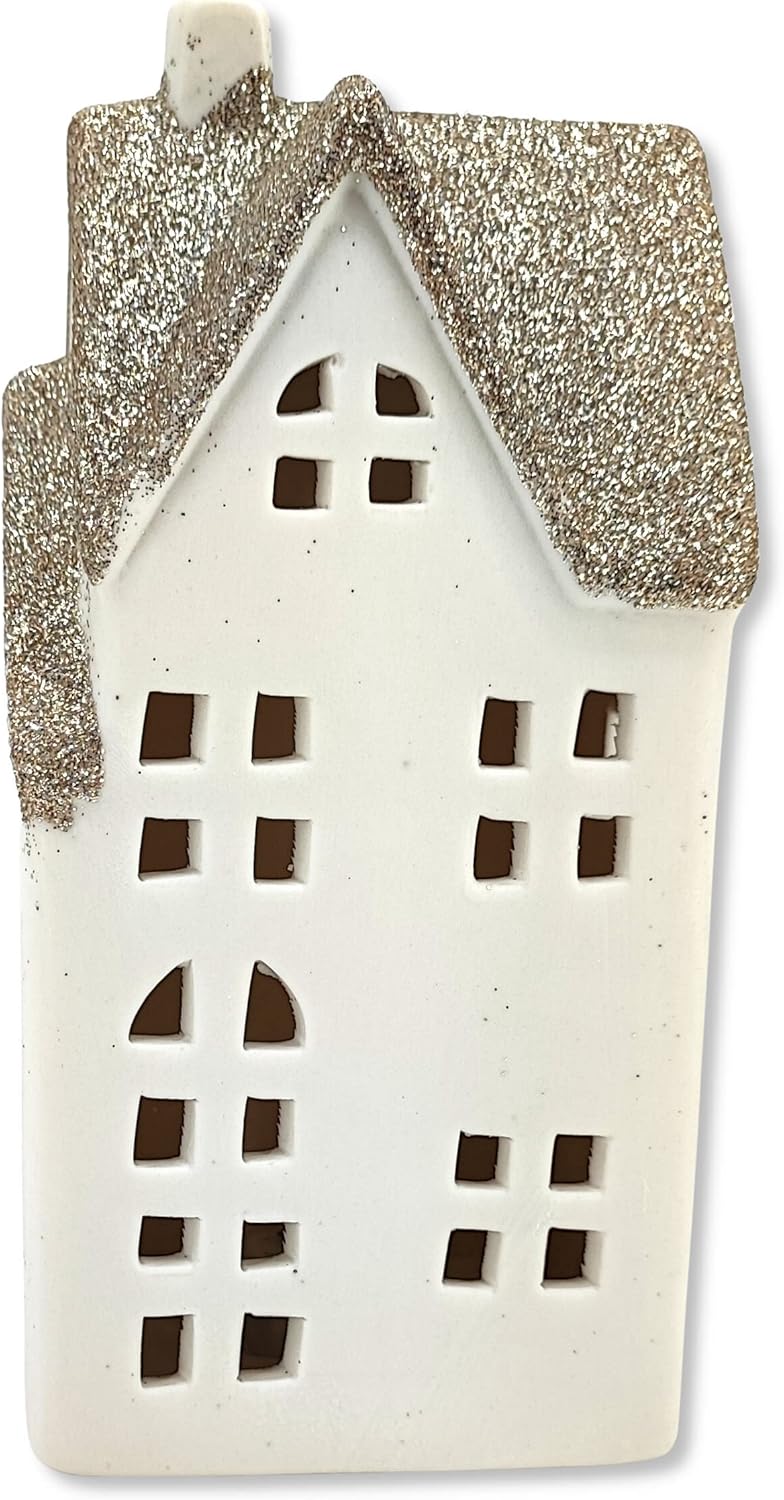 DARO DEKO Keramik LED Haus - Lichthaus Gold Glitzer 2er Set, Gold Glitzer 2er Set