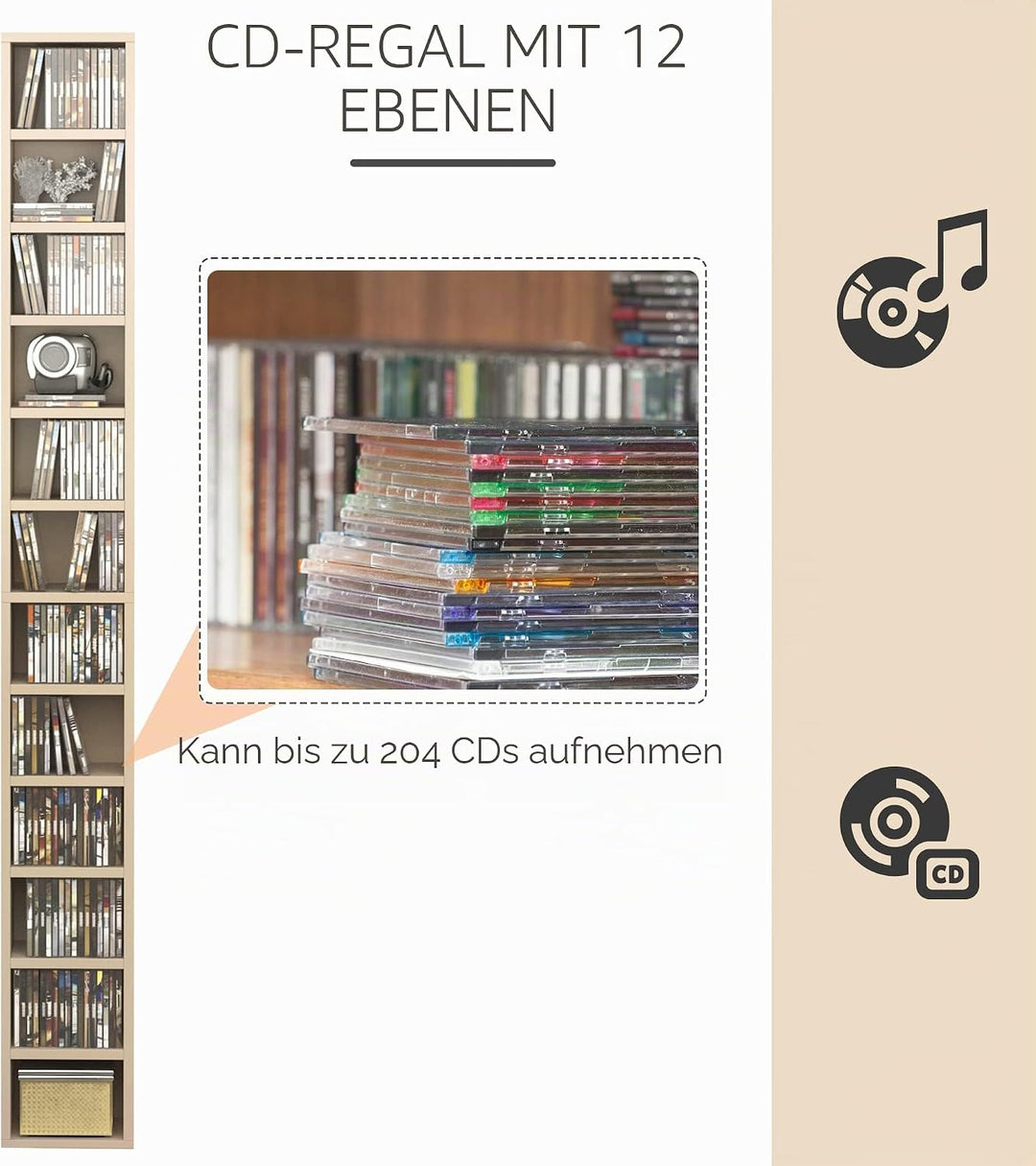 HOMCOM 204 CD-Regal schmal 12 Ebenen 175 cm, Eichenfarbe | Hohes Aufbewahrungsregal, Aufbewahrungstu