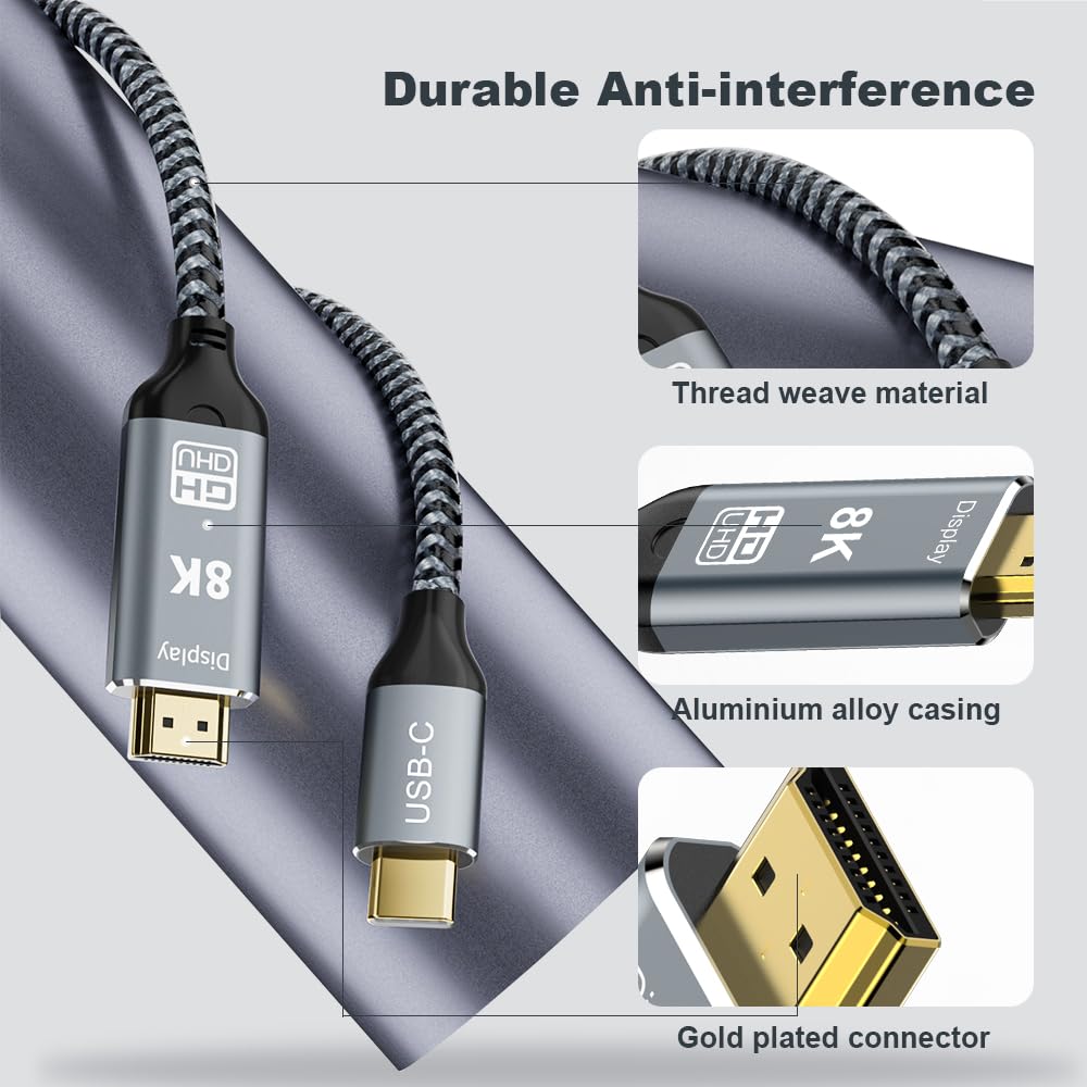 USB C auf HDMI 2.1 Kabel, 8K@60Hz 4K@240Hz Type C auf HDMI High Speed Kabel, HDR HDCP 2.3 Thunderbol