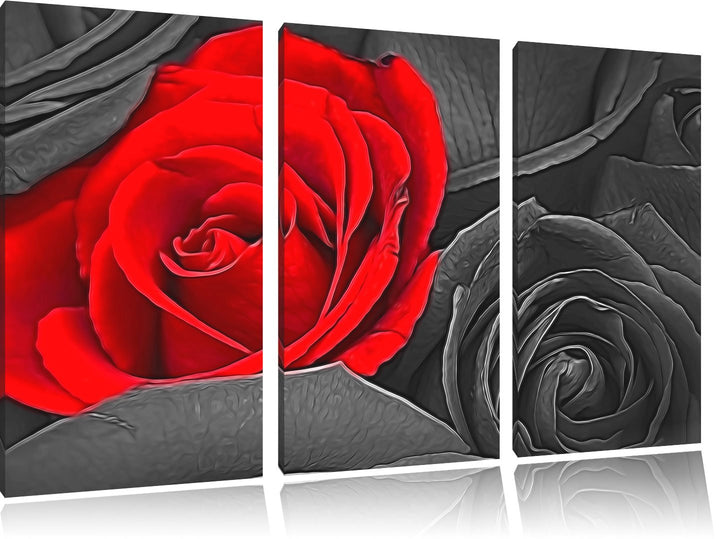 romantische rote Rosen schwarz/weiss Deluxe 3-Teiler Leinwandbild 120x80 Bild auf Leinwand, XXL ries