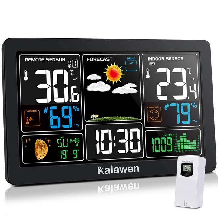 Kalawen Wetterstation mit Aussensensor Innen und Aussen 9-IN-1 Wireless Digital Wecker Barometer Wea