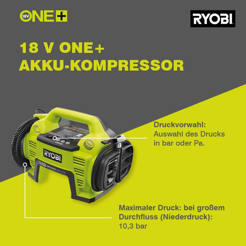 RYOBI 18 V ONE+ Akku-Multikompressor R18I-1C20GZL (max. Druck 10,3 bar, 2:1 Hochdruck-Inflationsdruc