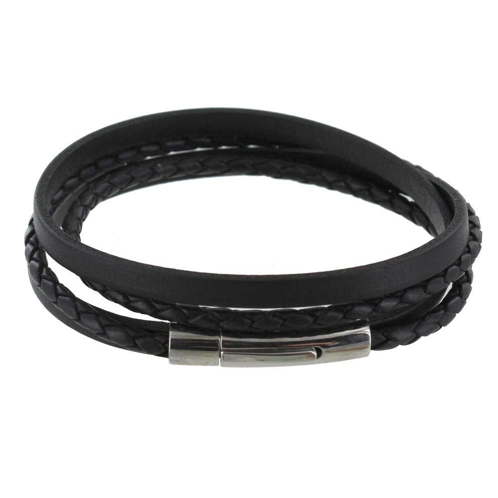 Les POULETTES BIJOUX - Herren Armband Zwei Streifen Leder Flach und Rund Geflochtene Edelstahl Schli