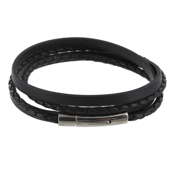 Les POULETTES BIJOUX - Herren Armband Zwei Streifen Leder Flach und Rund Geflochtene Edelstahl Schli