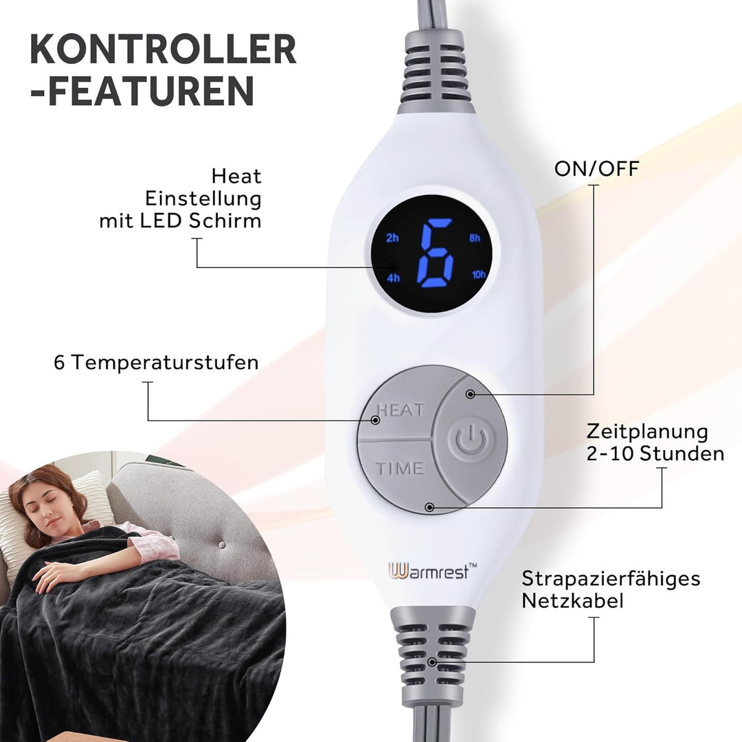 Warmrest Elektrische Heizdecke, Flanell, 150 x 200 cm, 6 Temperaturstufen, 1-10 Stunden, automatisch