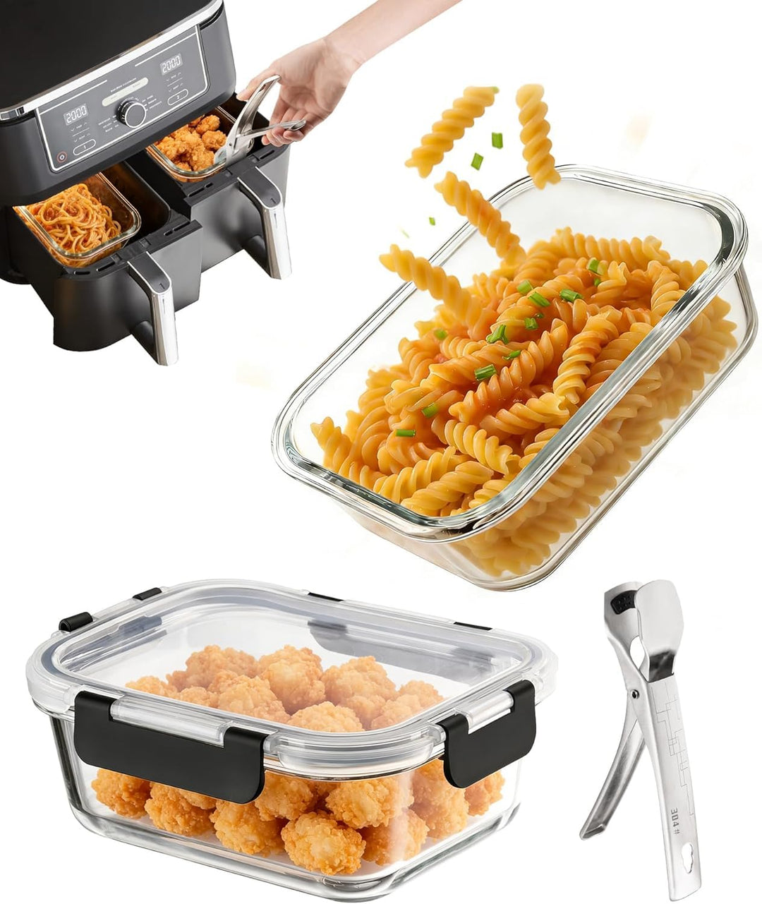 2 Stück Glas Auflaufform für Airfryer, Airfryer Zubehör passend für Cosori, Ninja, Philips uvm. spül