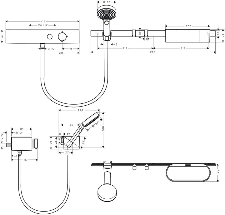 hansgrohe WallStoris - Badezimmer Set, Zubehör Set für das Bad, 7-teilig, mit Duschkopf wassersparen