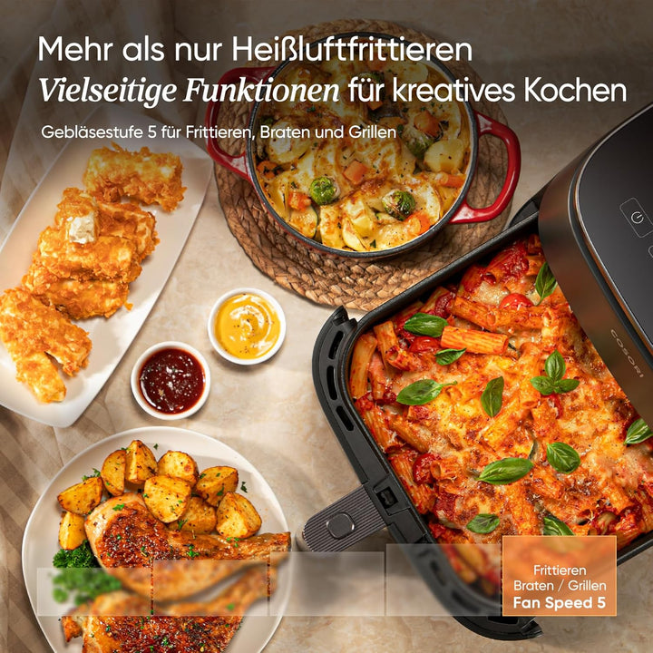 Cosori Turboblaze Heissluftfritteuse Airfryer, 9-in-1 Air Fryer XXL 6L, leiser DC Motor mit 5 Geschw