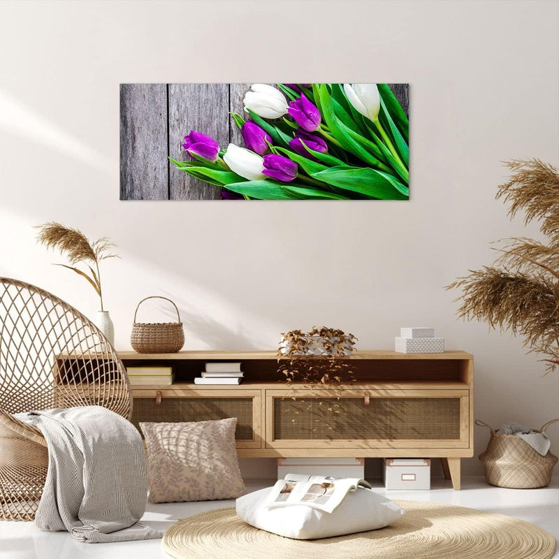 Wandbilder Dekoration Wohnzimmer Tulpen Holz Blumenstrauss Blumen Panorama Bilder auf Leinwand 120x5