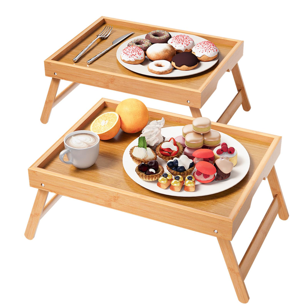 2er Pack Betttablett mit klappbaren Beinen, Bambus Frühstückstabletts, Serviertablett Betttisch für