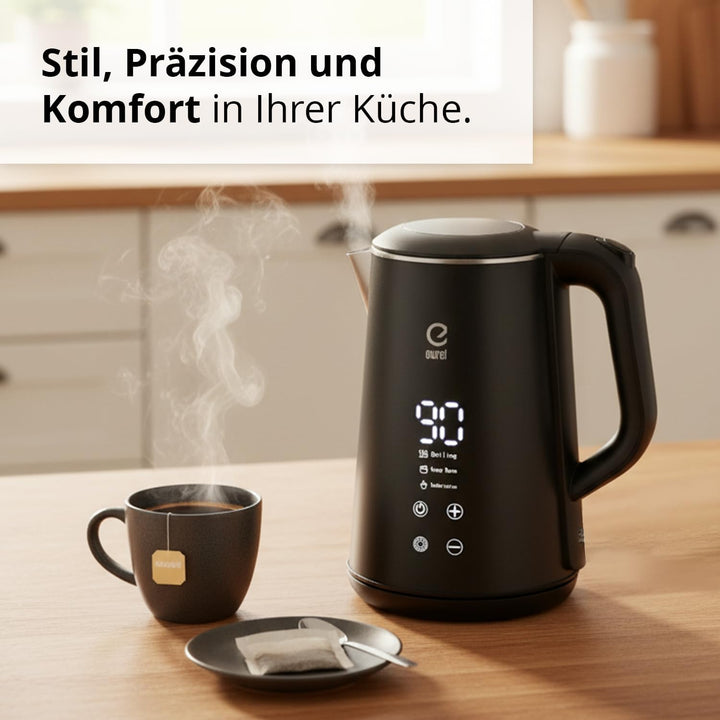 EUREL GV74 Wasserkocher, 1,6L Edelstahl, Schwarz | Temperatureinstellung, LED-Touch-Display, Tempera