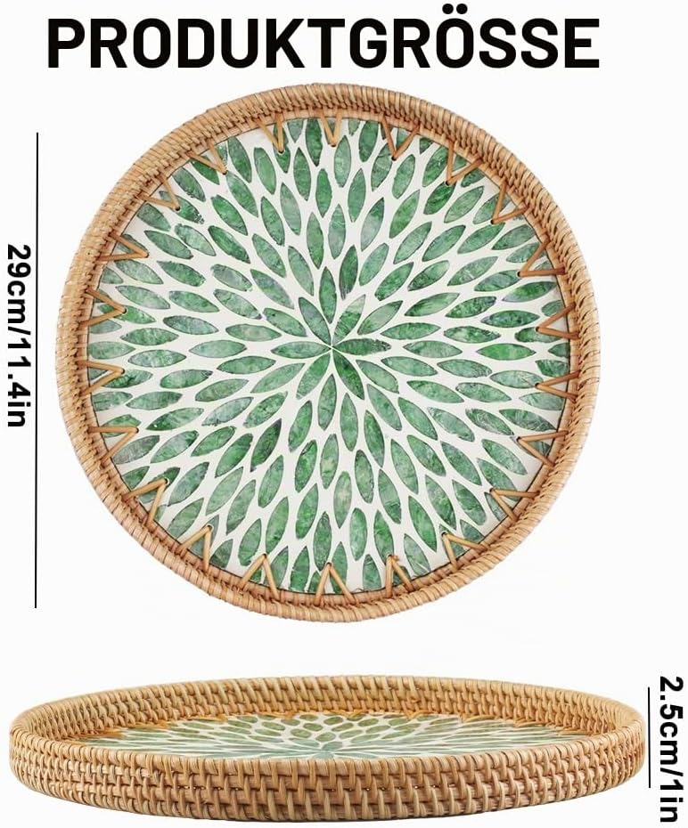 Rattan Serviertablett Rund Dekotablett 30CM Rundes Tablett | Mosaik Tablett Rund Handgewebtes Servie