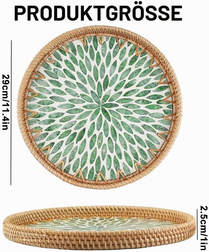 Rattan Serviertablett Rund Dekotablett 30CM Rundes Tablett | Mosaik Tablett Rund Handgewebtes Servie