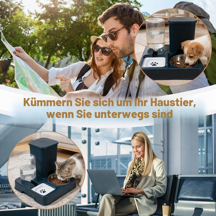 2-in-1 Automatischer Futter und Wasserspender für Haustiere, Abnehmbarer Futterstation, Katzenfutter