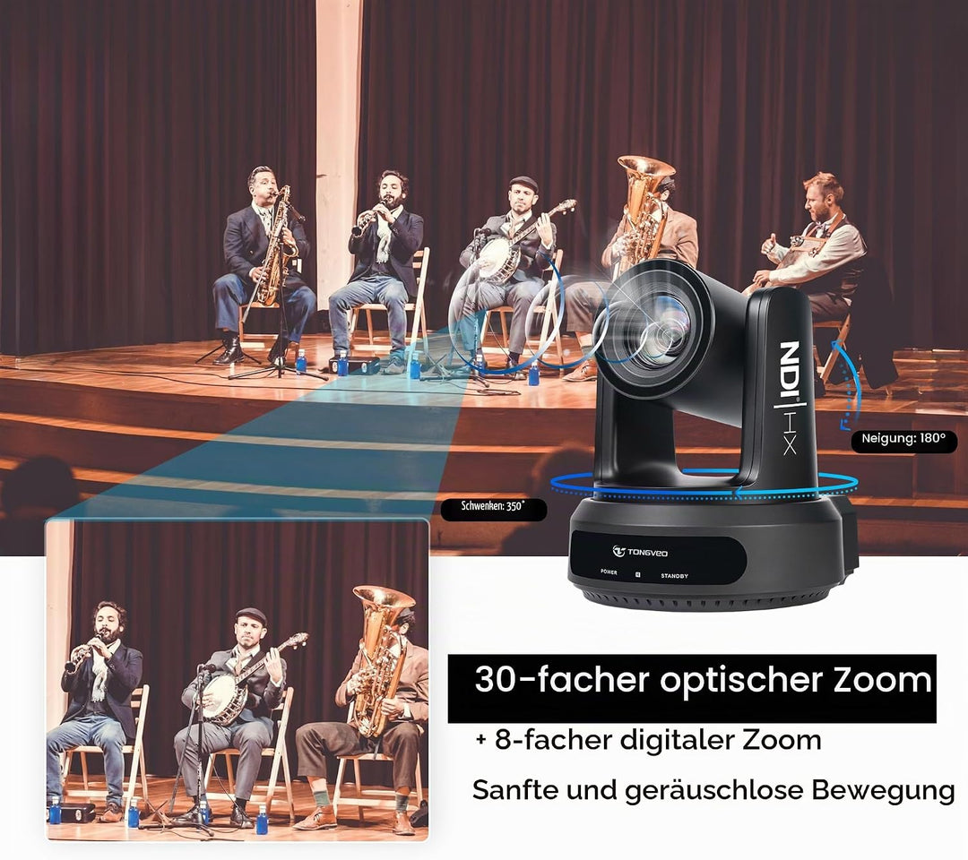 TONGVEO NDI AI Auto-Tracking IP PTZ Kamera SDI/HDMI/USB3.0/LAN PoE 30X Optischer + 8X Digitaler Zoom