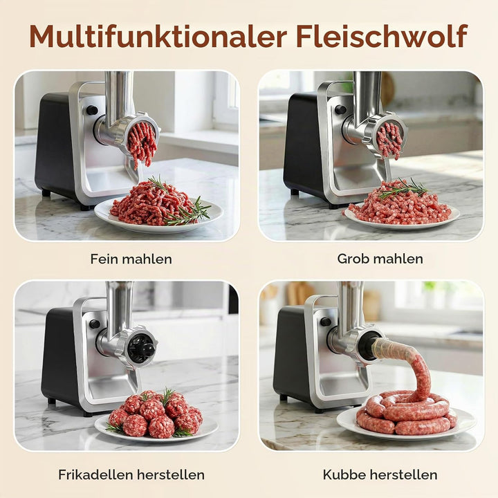 Fleischwolf Elektrisch [1000 W max] 3 in 1 Elektrischer Fleischwolf, 3 Edelstahl Lochscheiben Hackfl