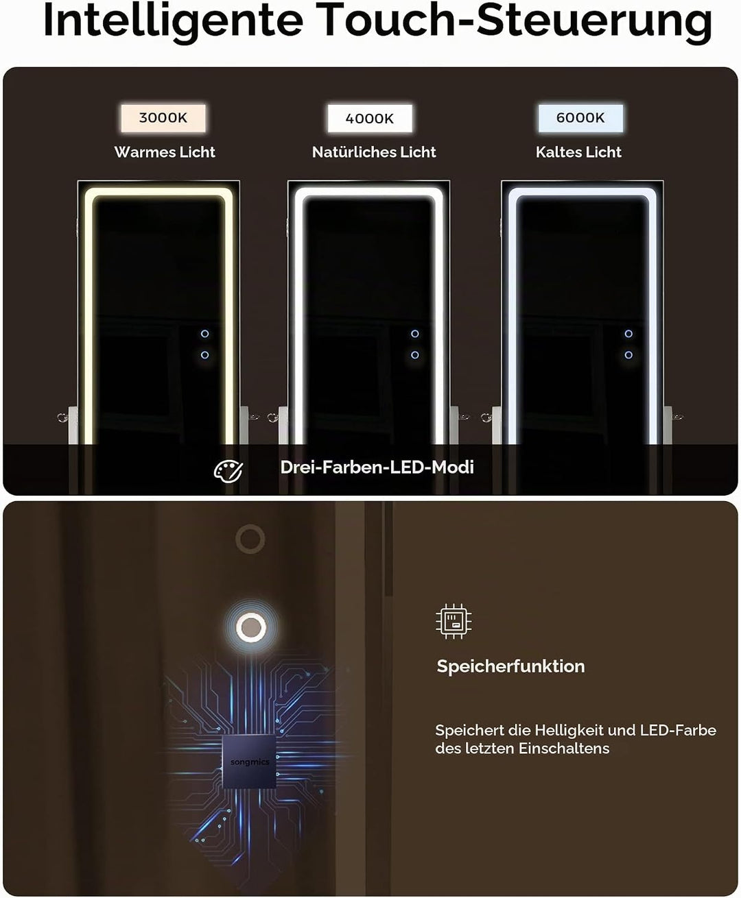 SONGMICS Schmuckschrank, Spiegelschrank, Schmuck-Organizer mit LED-Beleuchtung, einstellbare Farbe u