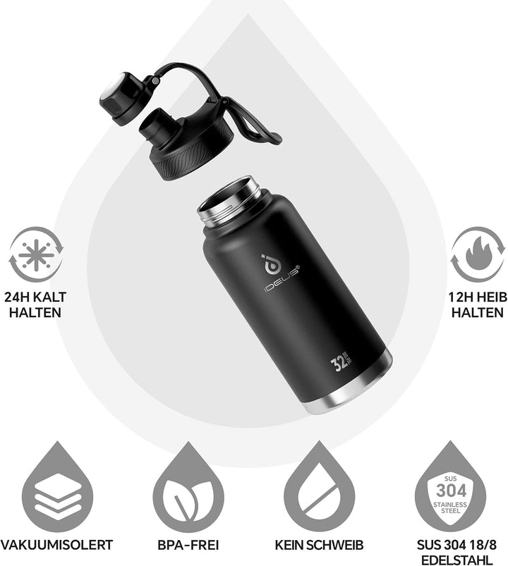 IDEUS Vakuumisolierte Wasserflasche, 32oz (950 ml) Edelstahl Doppelwand Flasche Metall Sport Kantine