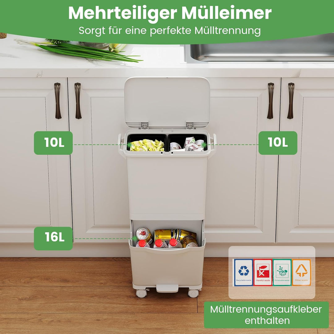COSTWAY Mülleimer 3 Fächer 36L, Abfalleimer Küche mit Deckel, Tretmülleimer auf Rädern mit 2 herausn