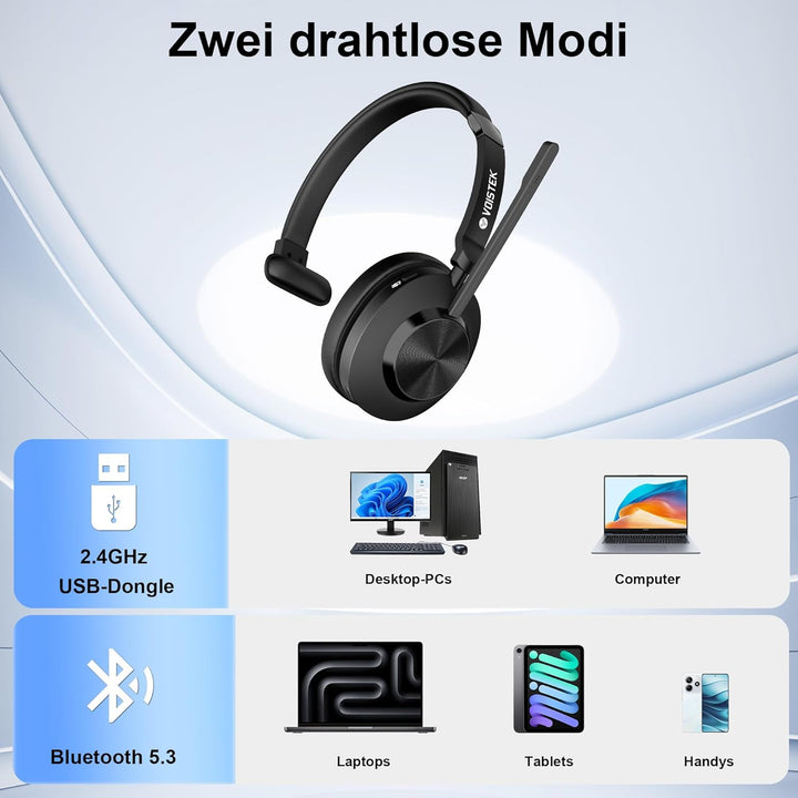 Voistek Kabelloses Bluetooth Headset mit Mikrofon & Rauschunterdrückung, USB Dongle für PC, Ladestat