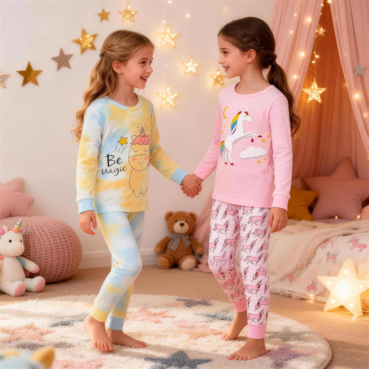 Mädchen Pyjamas 100% Baumwolle Schlafanzug für Kinder Schlafkleidung Langarm 4 Stück Set 1-12 Jahre