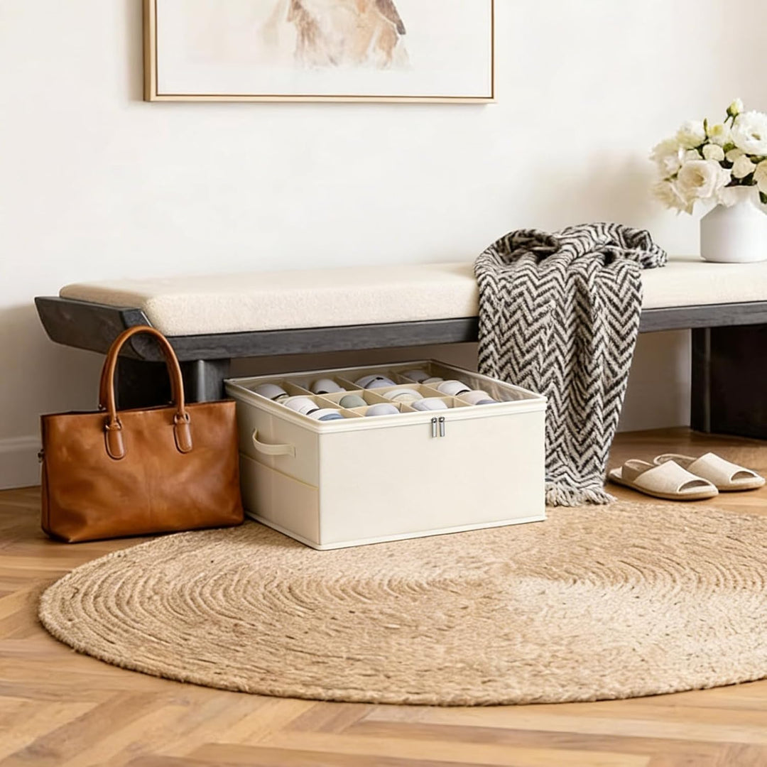 Romon Schuhorganizer, Beige, Passt 12 Paar Schuhe, Schuhbox mit Durchsichtigem Deckel und Henkeln, V