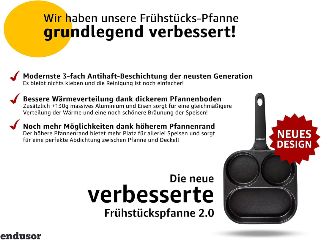 endusor Spiegeleipfanne mit Deckel (21cm) - Frühstückspfanne dreigeteilt mit Antihaft-Beschichtung f