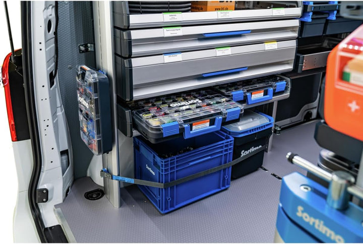 T-BOXX 320 anthrazit & blauer Griff – Werkzeugkoffer für Kleinteile, Transparenter Deckel, Anpassbar