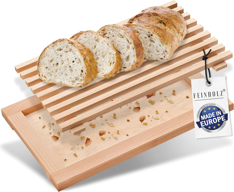 FEINHOLZ Brotschneidebrett mit Krümelrost aus Holz • 40cm x 25cm • Buchenholz geölt • Schneidebrett