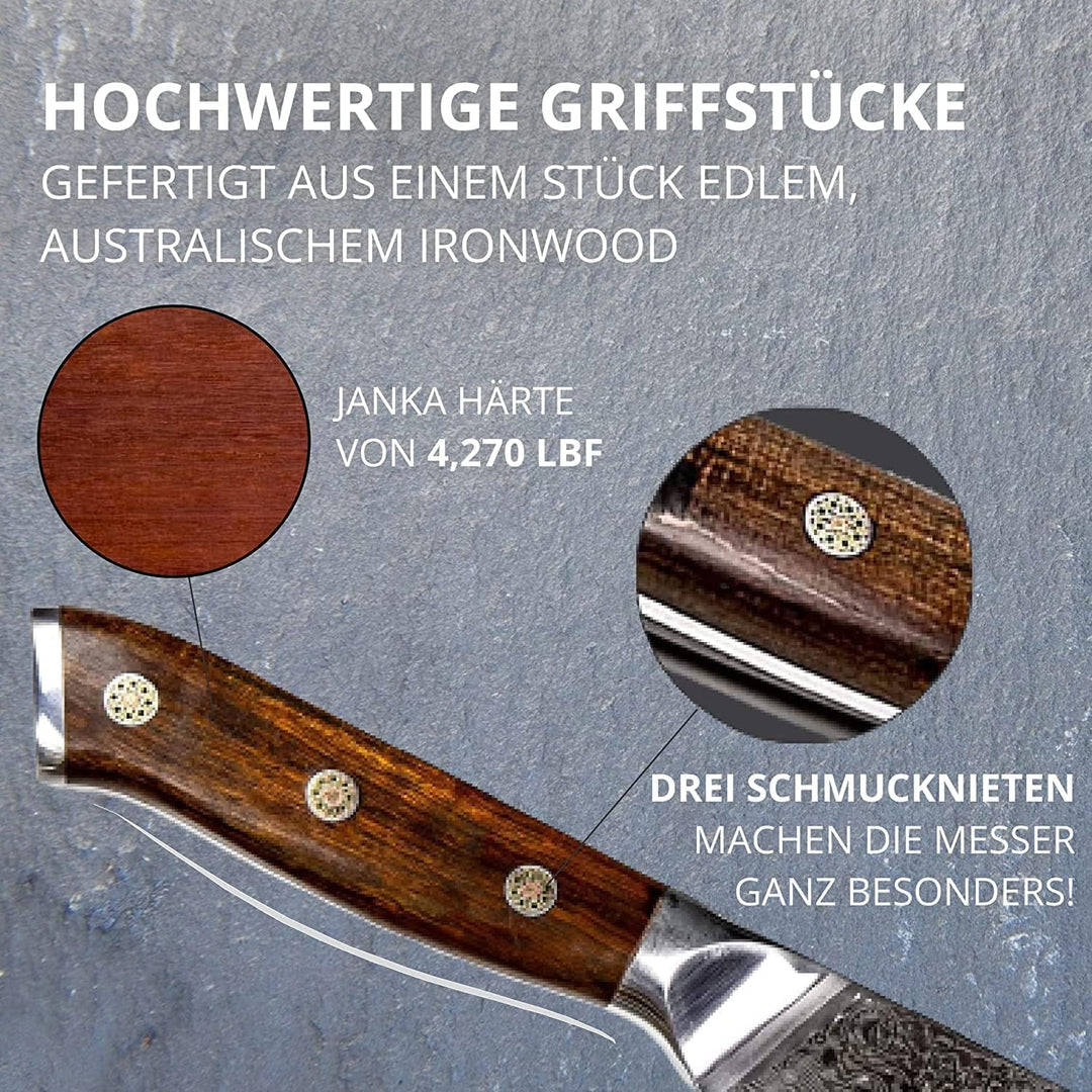 Stallion 3er Messerset Damast mit Edlem Ironwood Griff - Hochwertiges Damastmesser Set aus Kochmesse