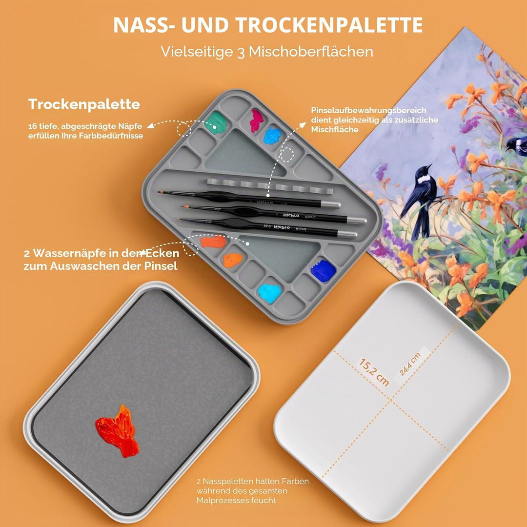 Nicpro Mischpalette mit Wet Palette und 11 Feine Pinsel, Dry Brush, 100 Nasspalettenpapier, 4 Schwäm