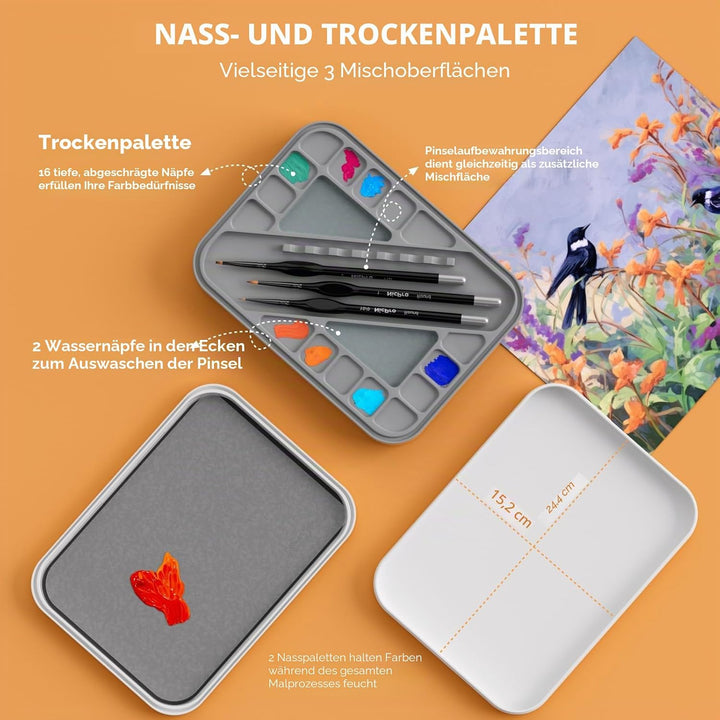 Nicpro Mischpalette mit Wet Palette und 11 Feine Pinsel, Dry Brush, 100 Nasspalettenpapier, 4 Schwäm