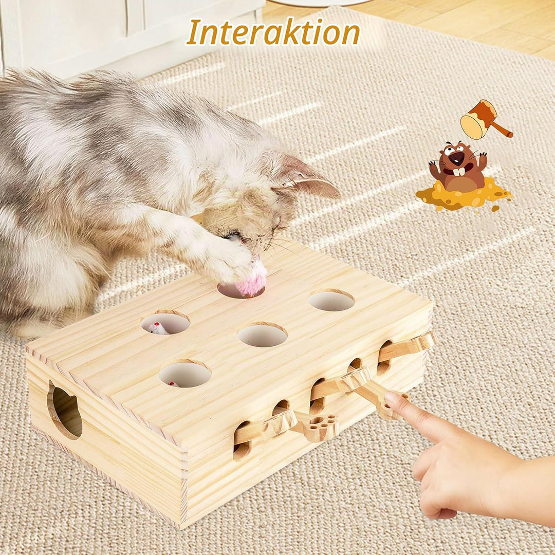 Interaktives Katzenspielzeug Holz Spielzeug, Maulwurf Maus, Puzzle Box mit Spielzeugen für Katzen, J