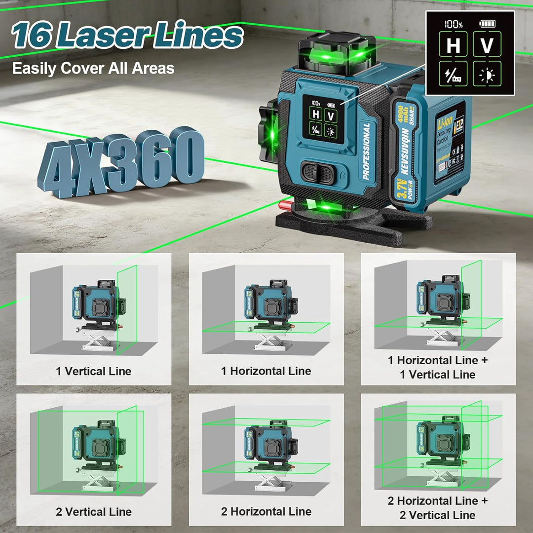 Kreuzlinienlaser mit Stativ,Laser Wasserwaage mit 2 x 4800 mAh Batterien/Grossformatiges LED-Anzeige