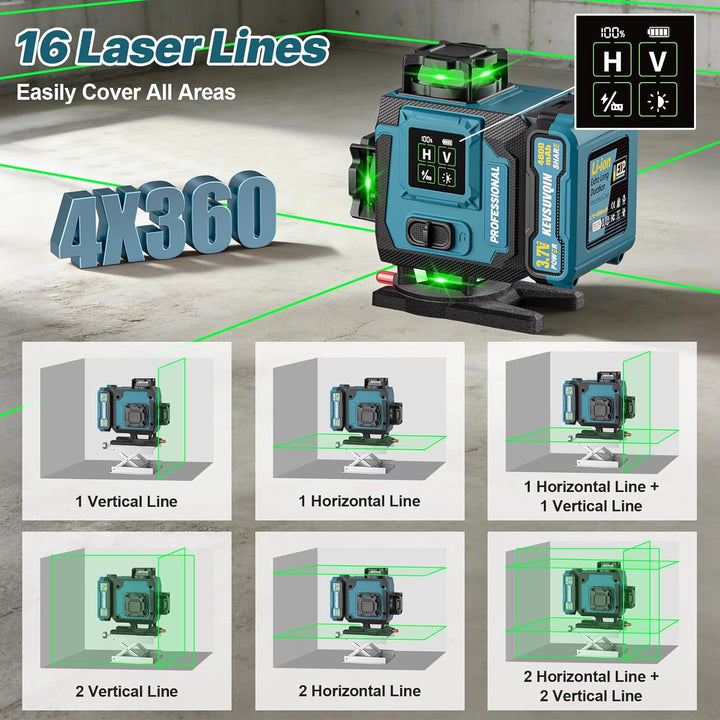Kreuzlinienlaser mit Stativ,Laser Wasserwaage mit 2 x 4800 mAh Batterien/Grossformatiges LED-Anzeige