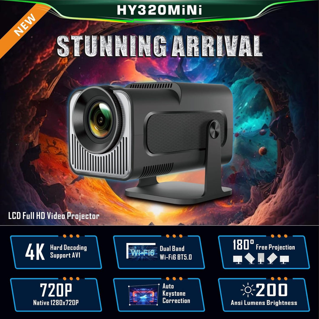 Mini Beamer, HY320 Mini Beamer 4k 200 ANSI Smart Projector mit Android 11, Tragbarer Beamer Outdoor,