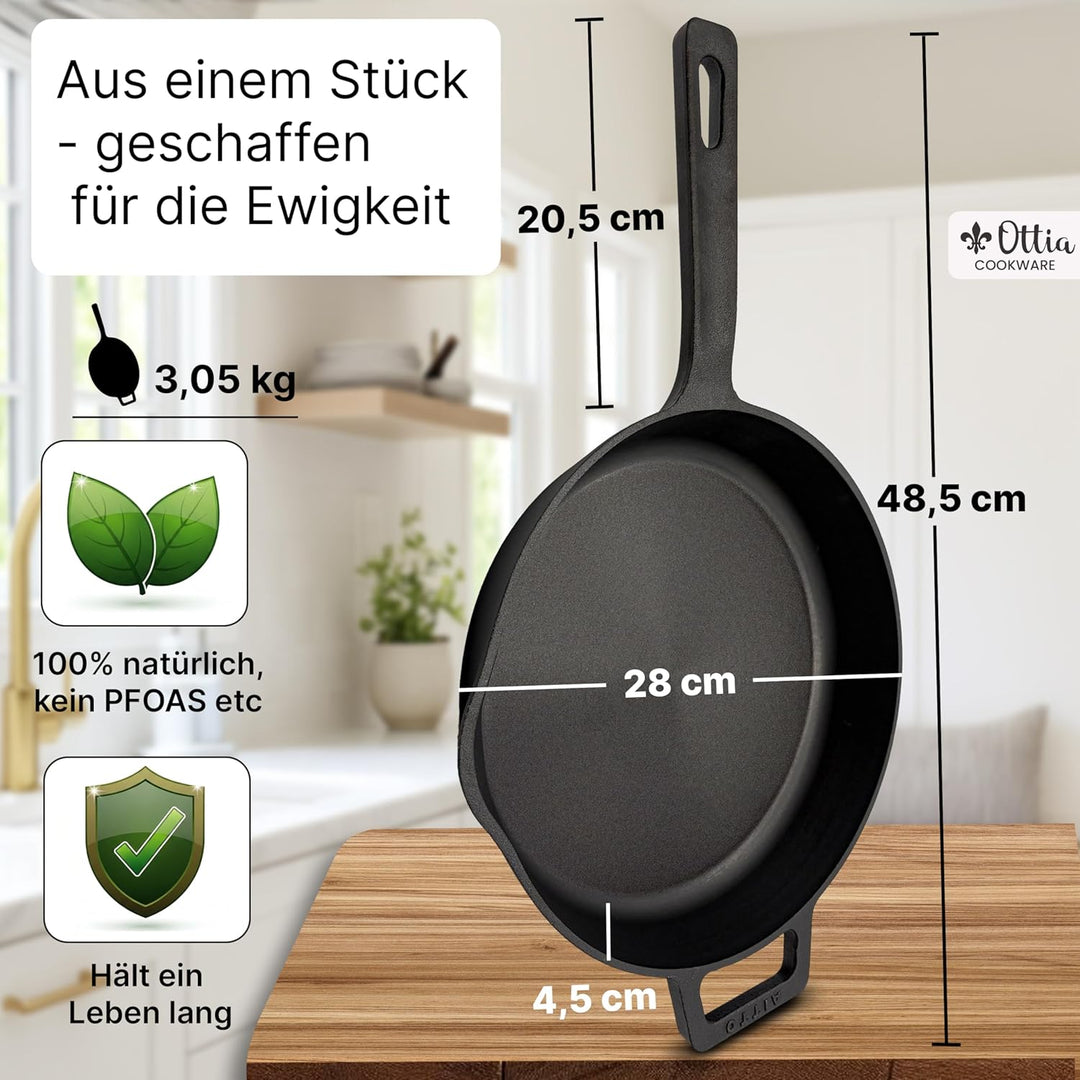 Ottia reine Gusseisenpfanne Induktion 28cm (ungeschliffen), mit eKochbuch, Pfannenwender, waschbarem