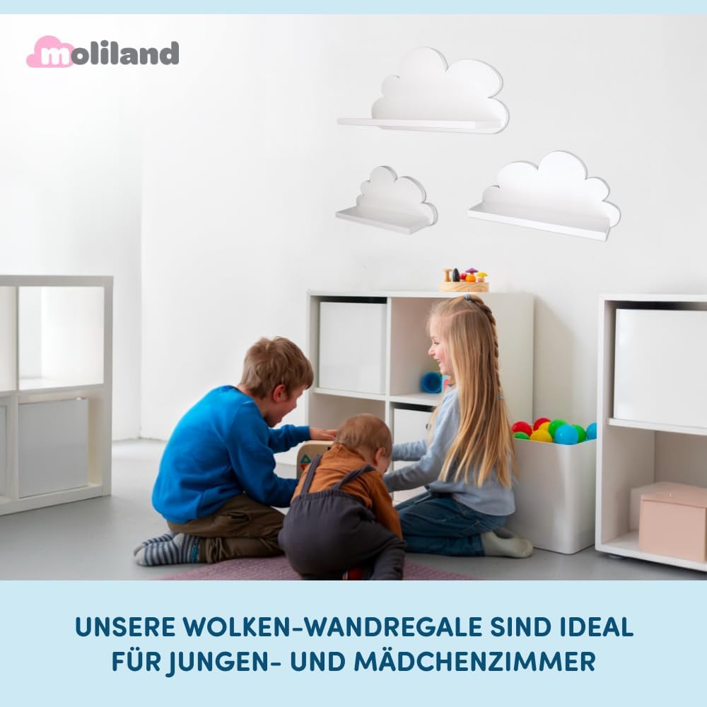 3er Set Wandregal Kinderzimmer Weiss | Babyzimmer Wolkenregal für Bücher, Spielzeug, Dekoration | Re