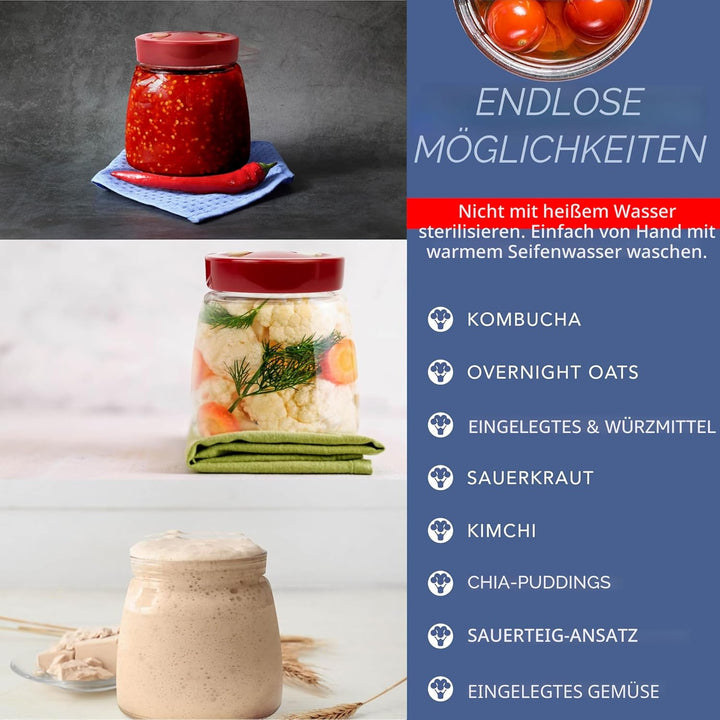 Gärglas mit 1-Wege-Luftablassöffnung – 1 Liter, 2 Stück – ideal für sichere Gärung für Kefir, Kimchi